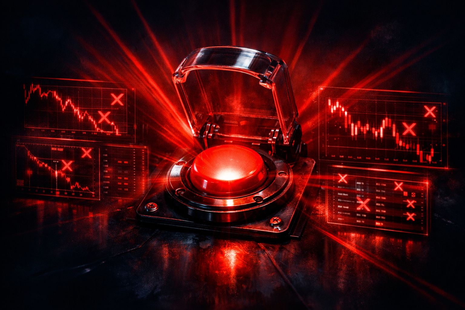 Red emergency flatten button with glass cover flipped open