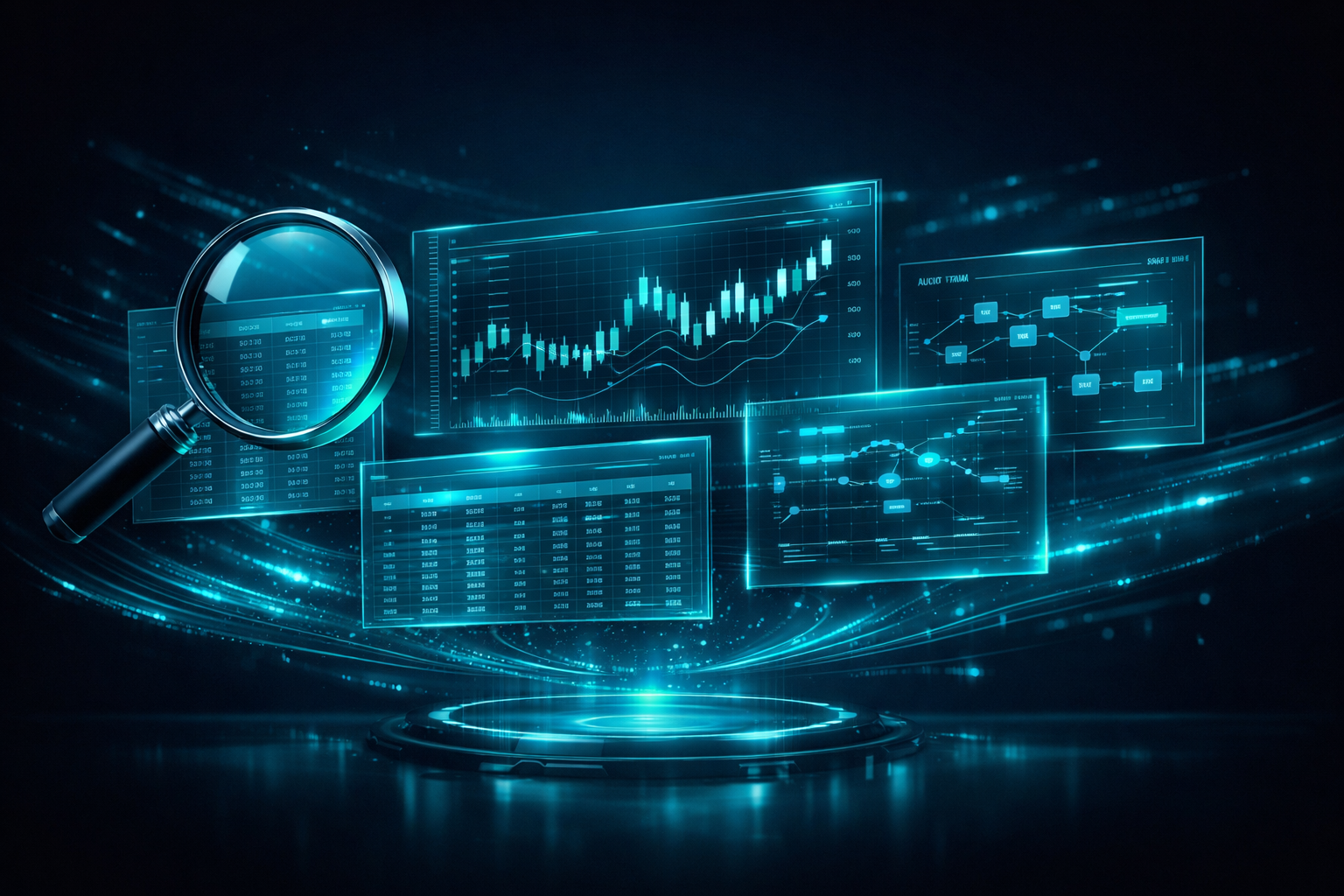 Holographic forensics dashboard with data panels